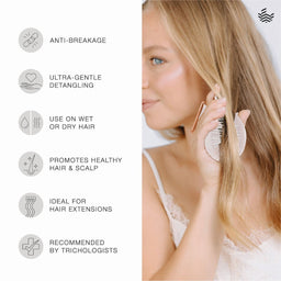 A woman with long blonde hair is shown on the right, holding a white detangling brush against her hair. The left side lists product benefits with icons: anti-breakage, ultra-gentle detangling, use on wet or dry hair, promotes healthy hair and scalp, ideal for hair extensions, and recommended by trichologists.