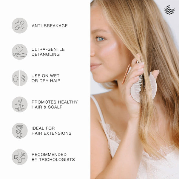 A woman with long blonde hair is shown on the right, holding a white detangling brush against her hair. The left side lists product benefits with icons: anti-breakage, ultra-gentle detangling, use on wet or dry hair, promotes healthy hair and scalp, ideal for hair extensions, and recommended by trichologists.