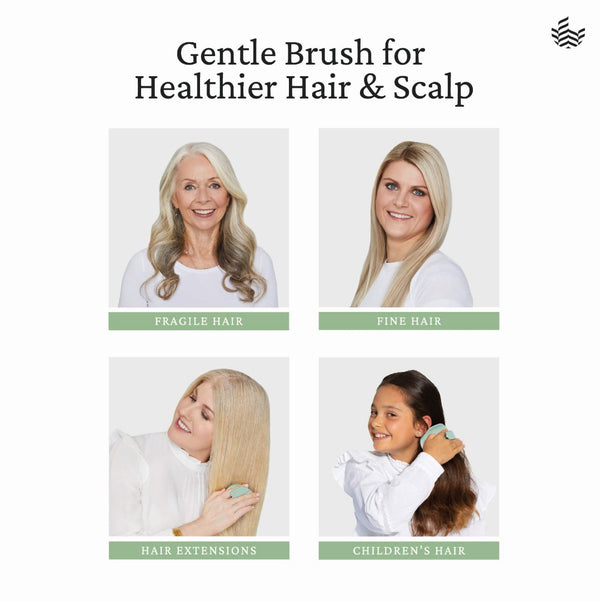 Promotional graphic for a gentle hair brush, featuring four portrait panels of women and a child demonstrating use on different hair types: fragile hair, fine hair, hair extensions, and children's hair. The text reads 'Gentle Brush for Healthier Hair & Scalp' with a small wave-like logo in the top right.