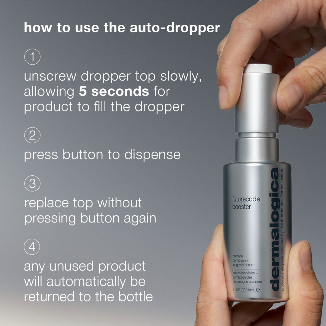 Dermalogica serum bottle with auto-dropper being held, instructions on how to use it displayed.