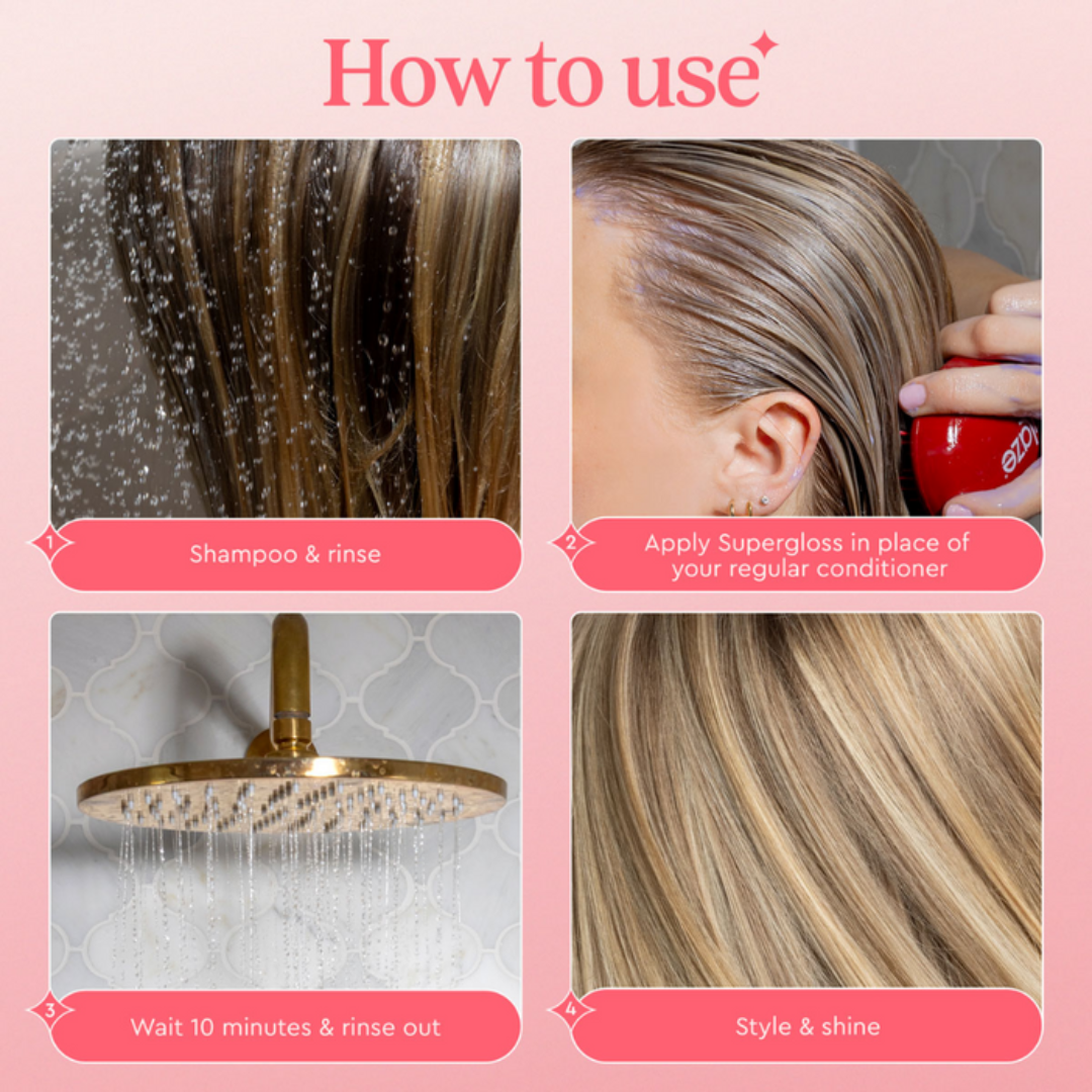 Instructions on how to use a hair care product with images of shampooing, applying the product, rinsing, and styling.