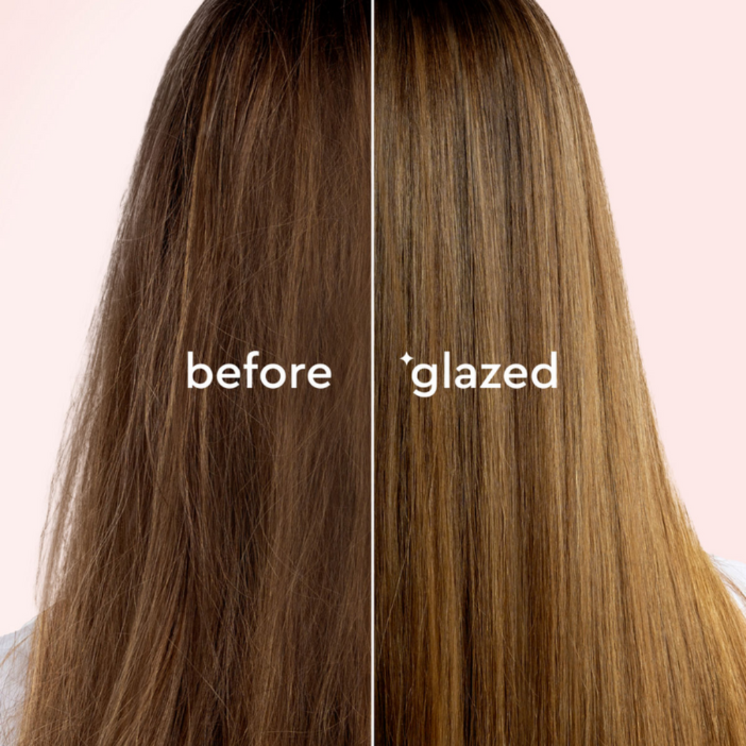 Comparison of hair before and after a treatment labeled 'glazed' on a plain background.