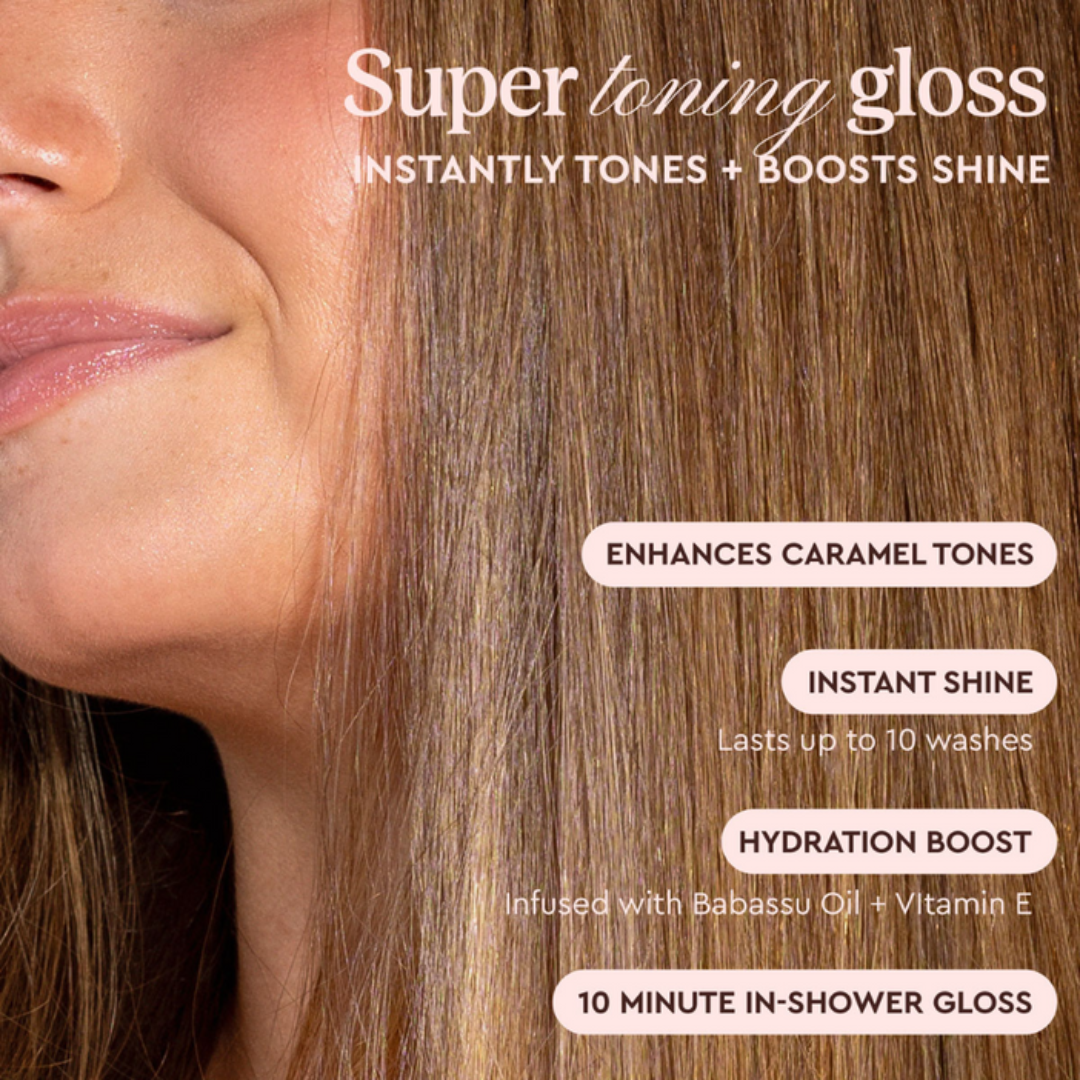 Super toning gloss advertisement with a close-up of hair and text highlighting product benefits.