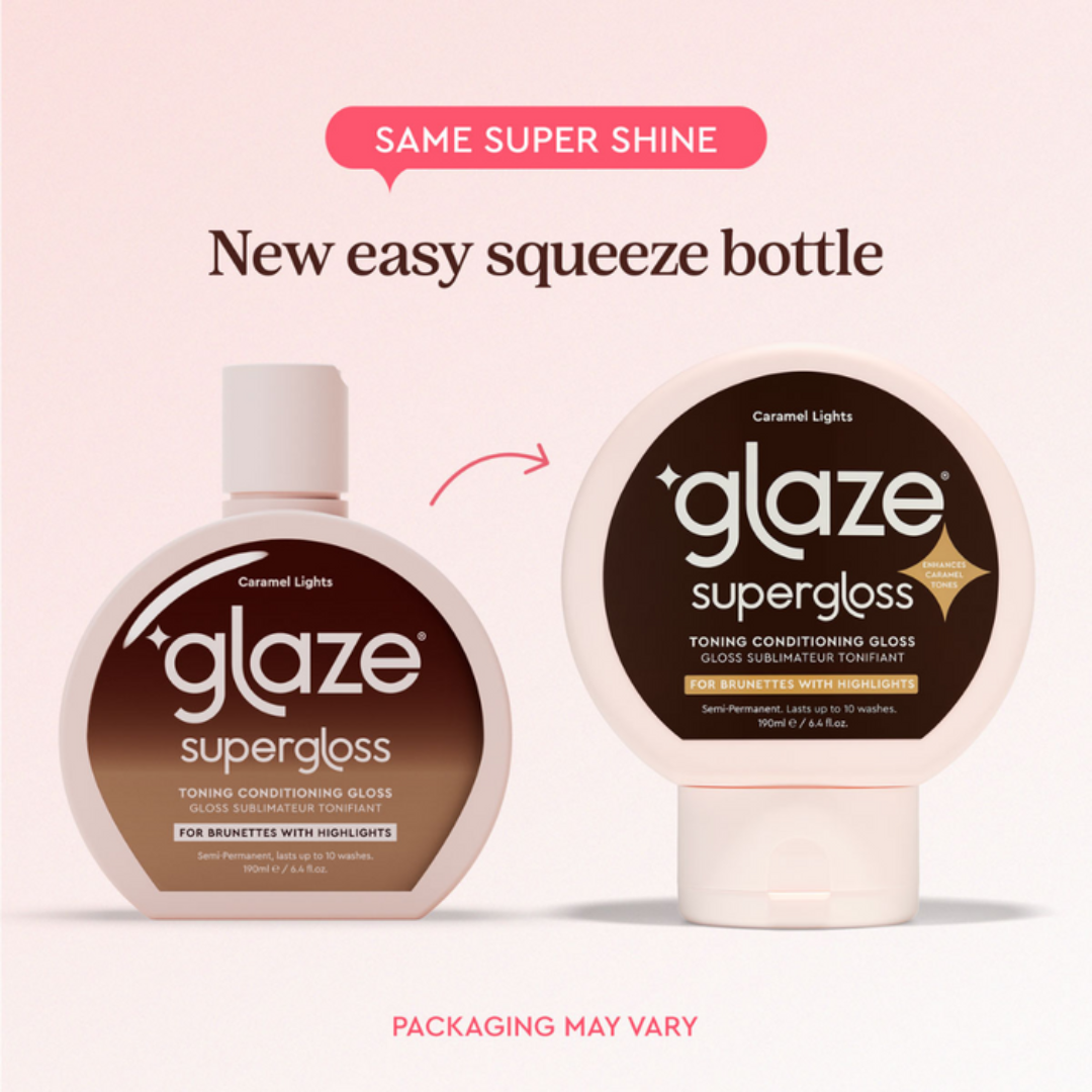 Two bottles of Glaze Supergloss with a focus on the new easy-squeeze bottle design.