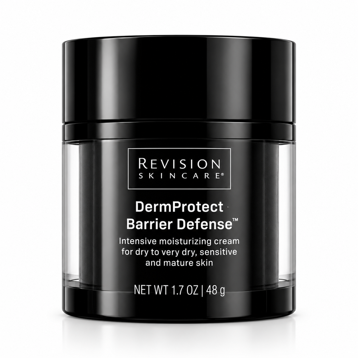Revision Skincare DermProtect Barrier Defense intensive moisturizing cream in a black jar with clear sides, on a white background.