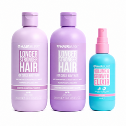 Three HAIRBURST hair care products on a white background: a lavender shampoo bottle, a purple conditioner bottle, and a turquoise spray bottle with a pink sprayer labeled Volume & Growth Elixir.