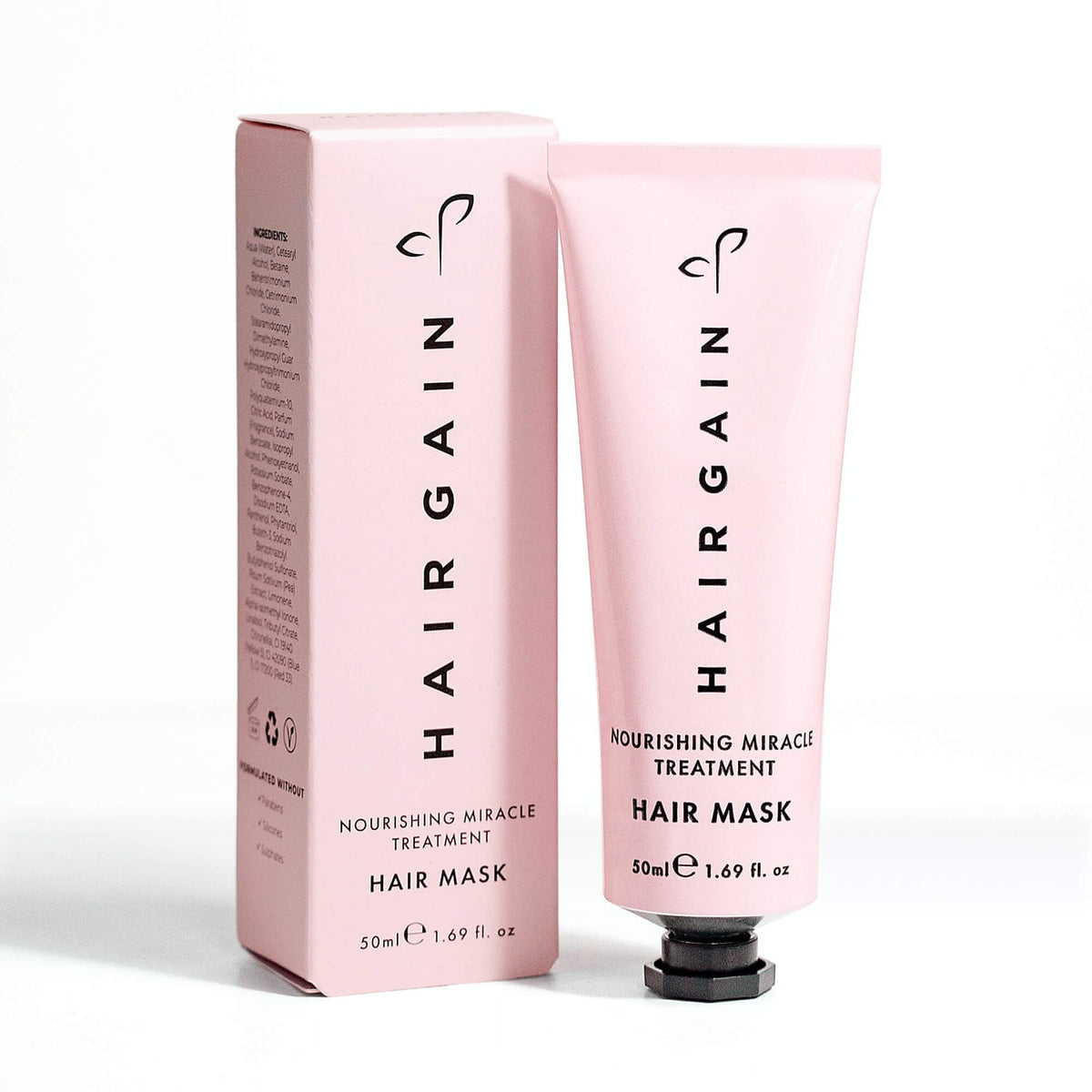 HairGain hair mask tube and packaging on a white background