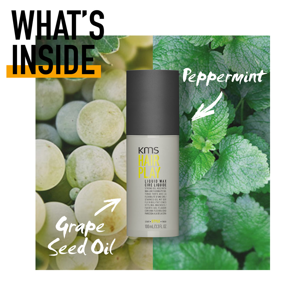 KMS Hair Play product with peppermint and grape seed oil text on a green leaf background