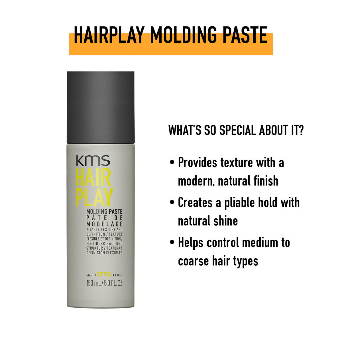 KMS Hairplay Molding Paste bottle with product features on a white background