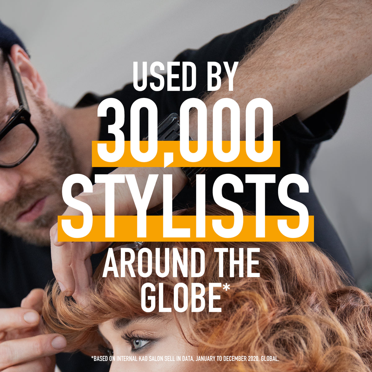 Person styling hair with text about 30,000 stylists globally