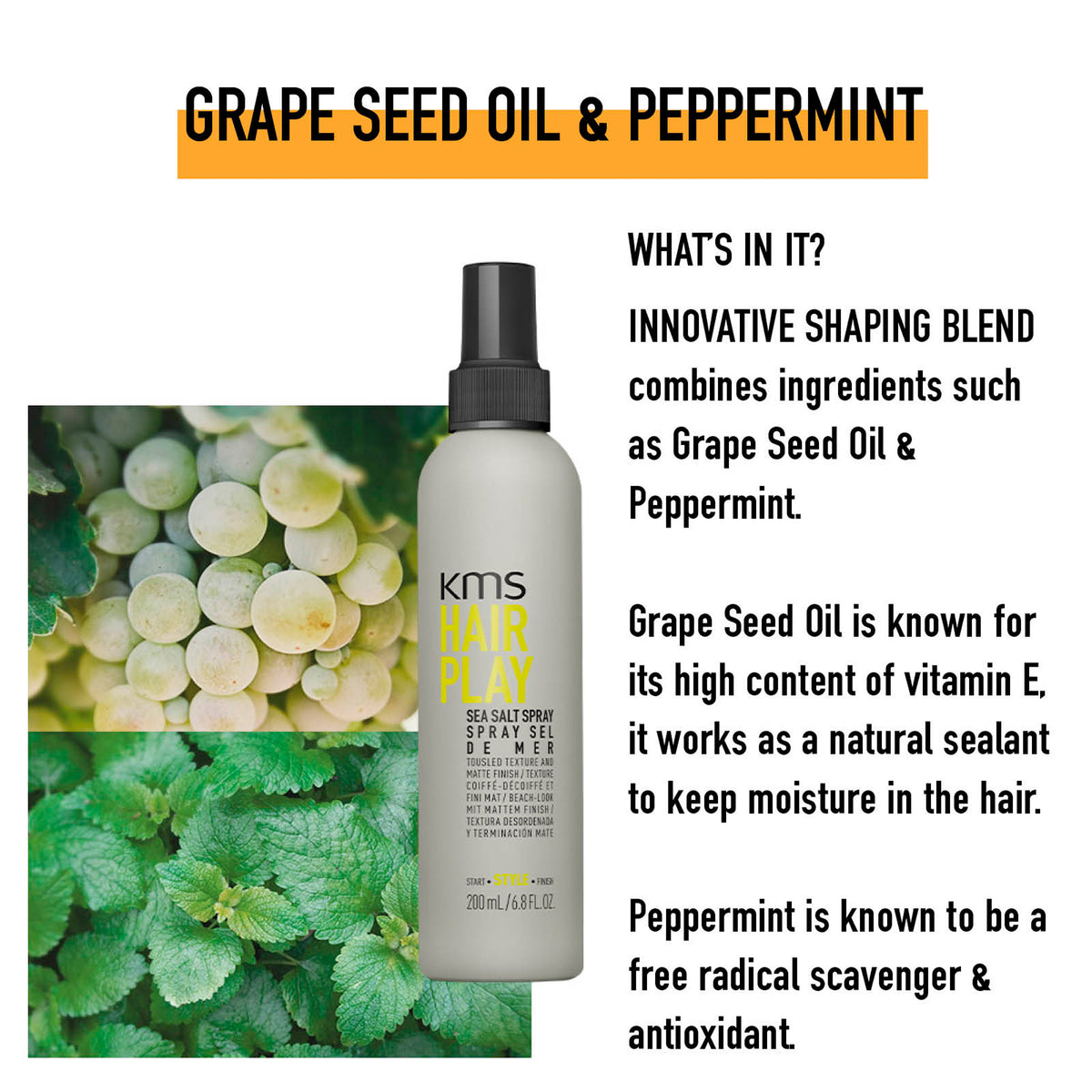 KMS Hair Play Sea Salt Spray bottle with grape seed oil and peppermint text and images.