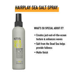 KMS Hair Play Sea Salt Spray bottle with product features on a white background