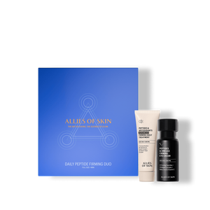 Skincare product set with a blue box labeled 'Alleges of Skin' on a green background