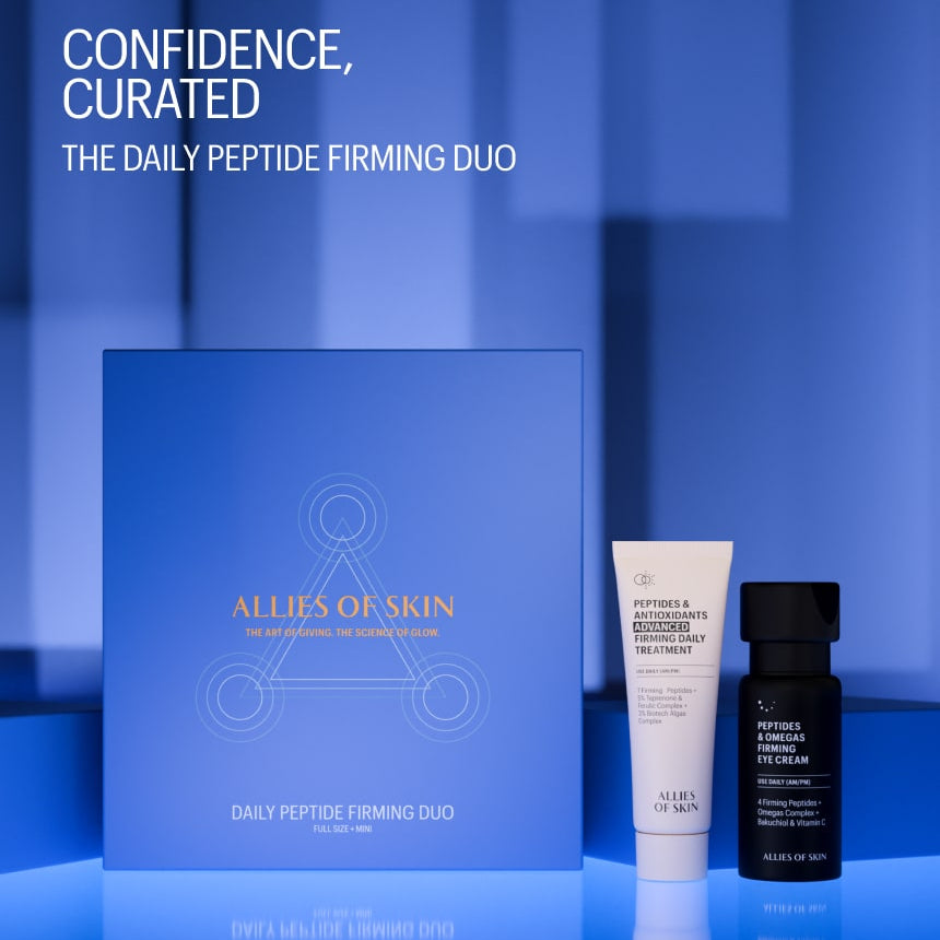Allies of Skin daily peptide firming duo on a blue reflective surface with branding visible.
