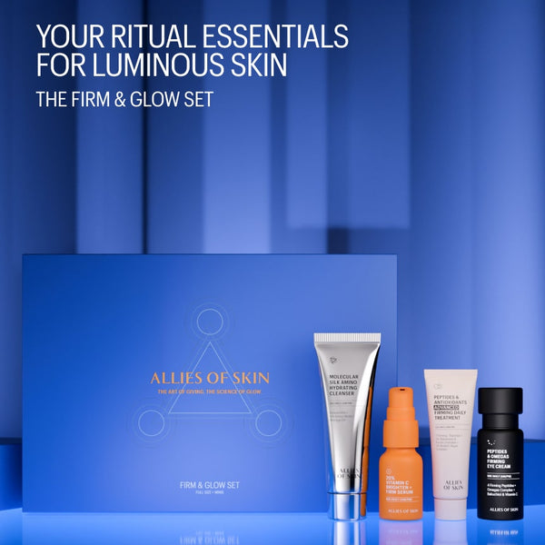 Set of skincare products with a blue box labeled 'Allies of Skin' on a blue background.