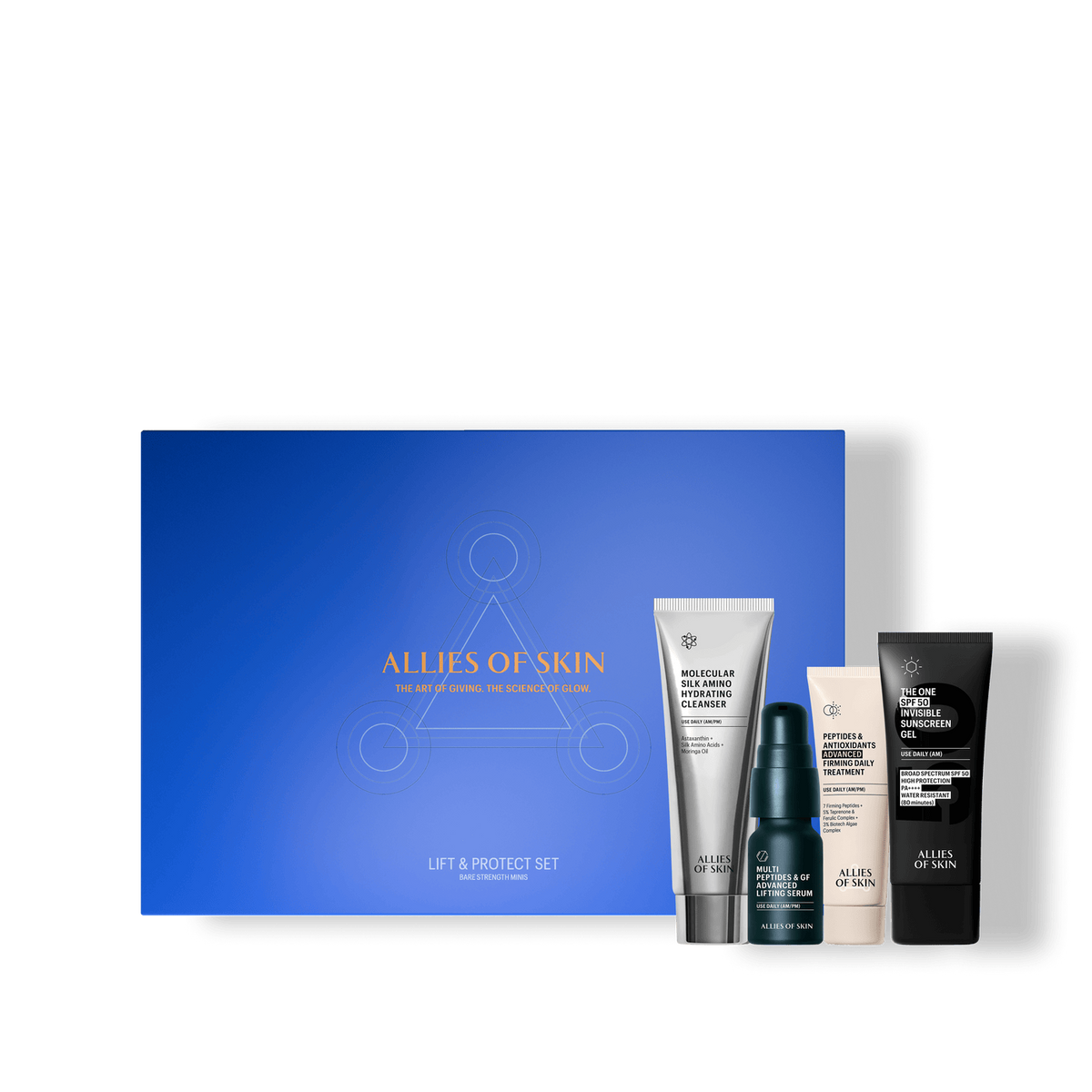 Skincare product set with a blue box labeled 'Allies of Skin' on a white background