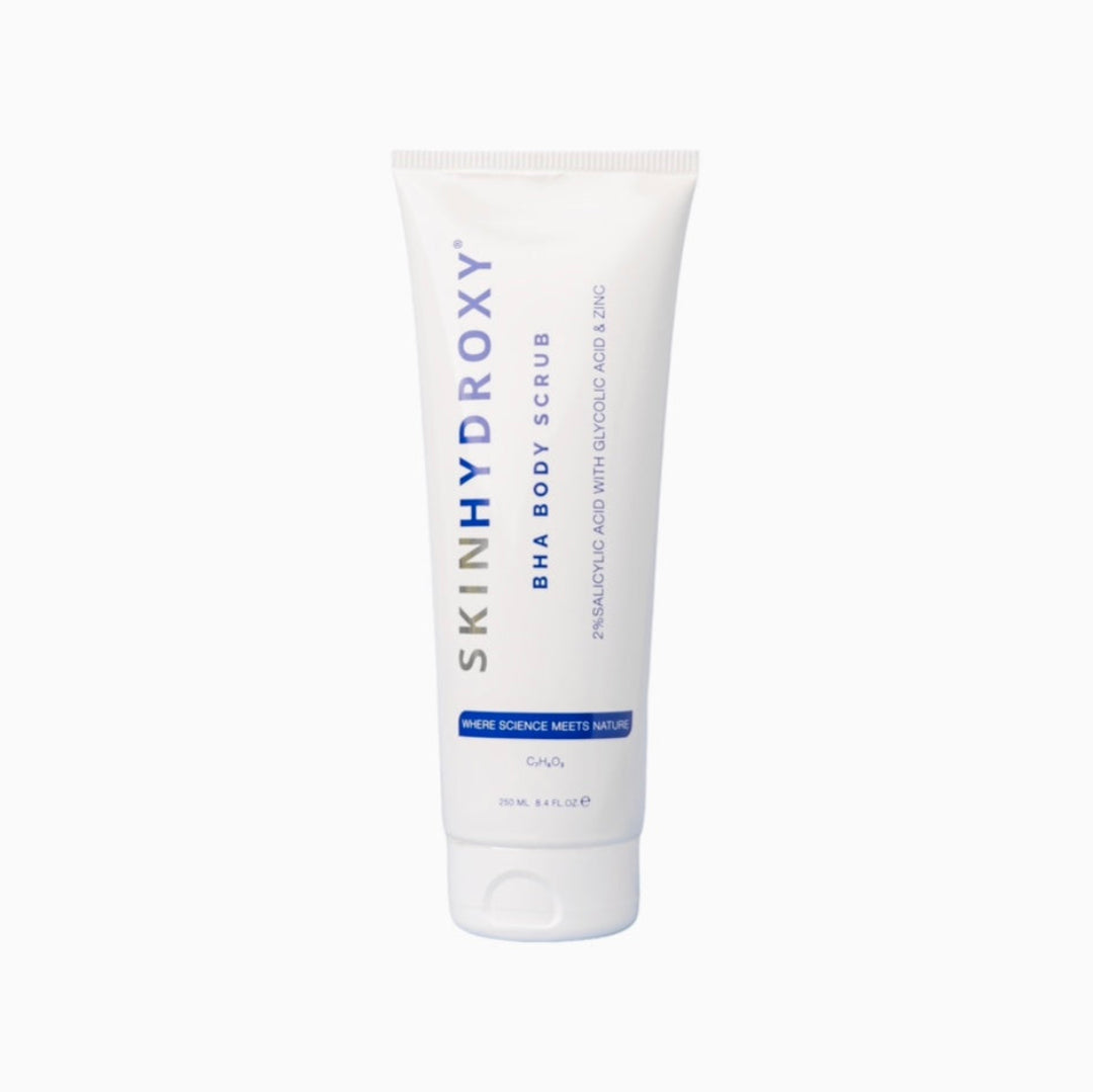 Tube of Skin Hydroxy BHA Body Scrub on a white background