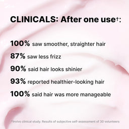 Text overlay with hair care product benefits on a pink background