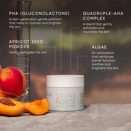Irene Forte skincare product with ingredients listed on a blurred background