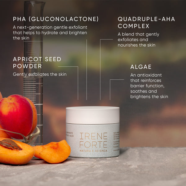Irene Forte skincare product with ingredients listed on a blurred background