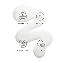 White skincare tool with icons and text indicating its benefits on a white background