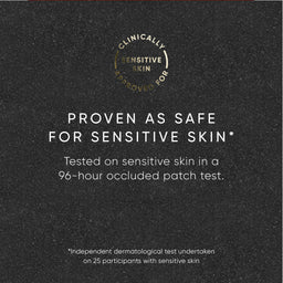 Text on a black background indicating clinically sensitive skin approval and safety testing for sensitive skin.