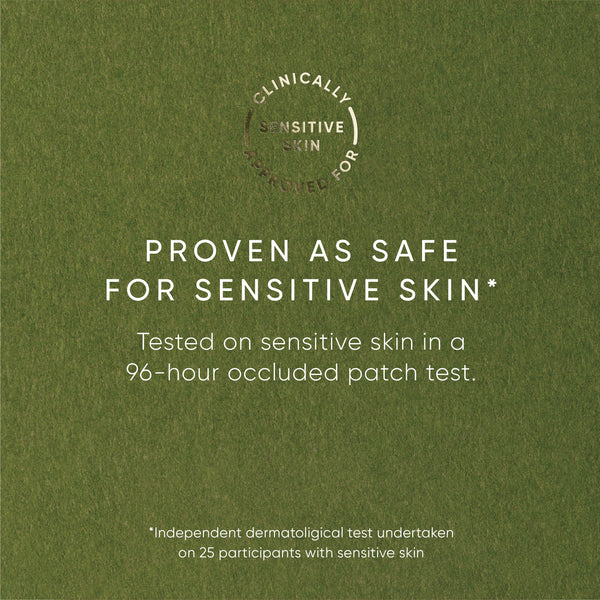 Green background with text about sensitive skin safety and clinical testing.