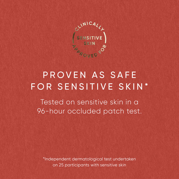 Red background with text about clinically sensitive skin approval and safety testing.