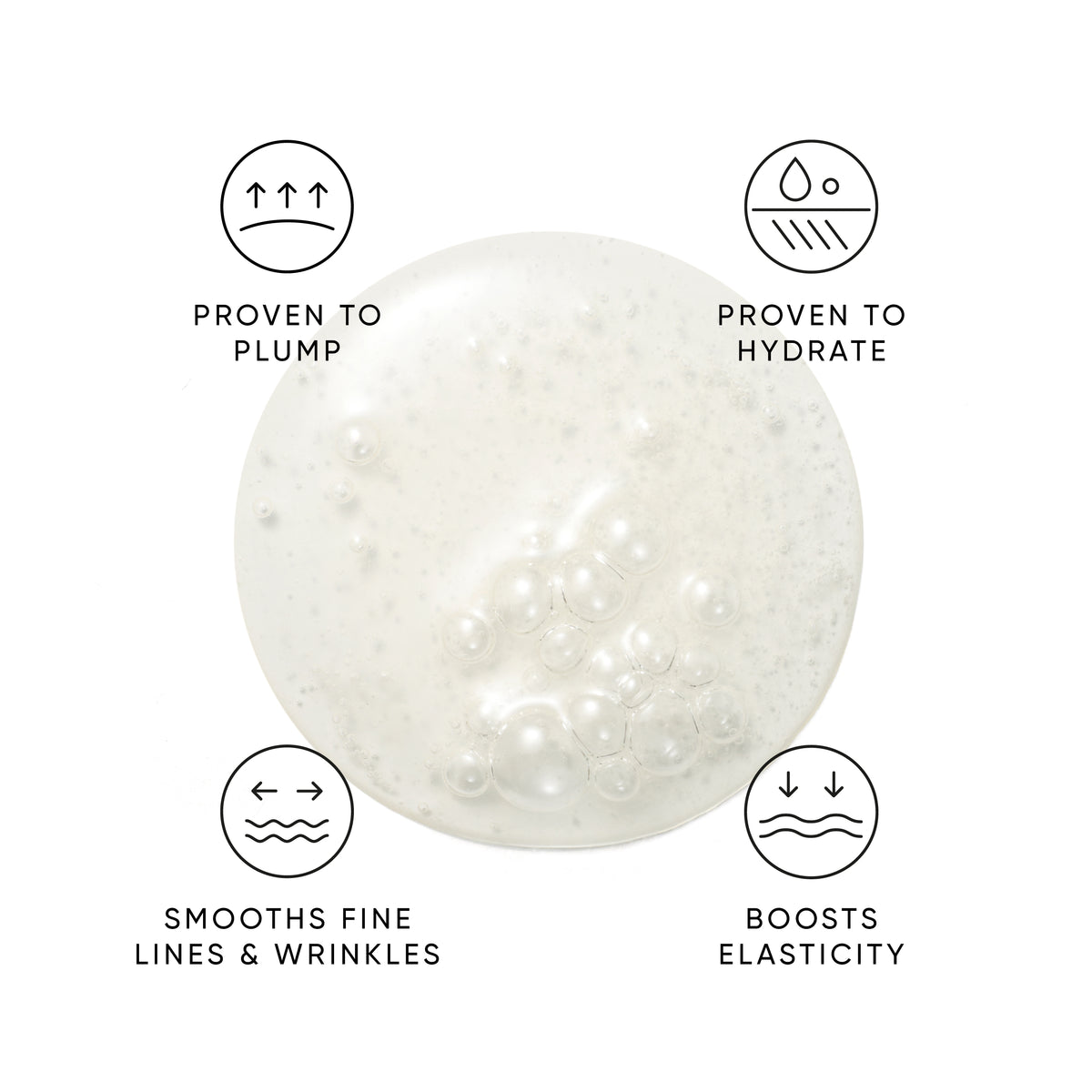 Cosmetic product with icons and text indicating its benefits on a white background