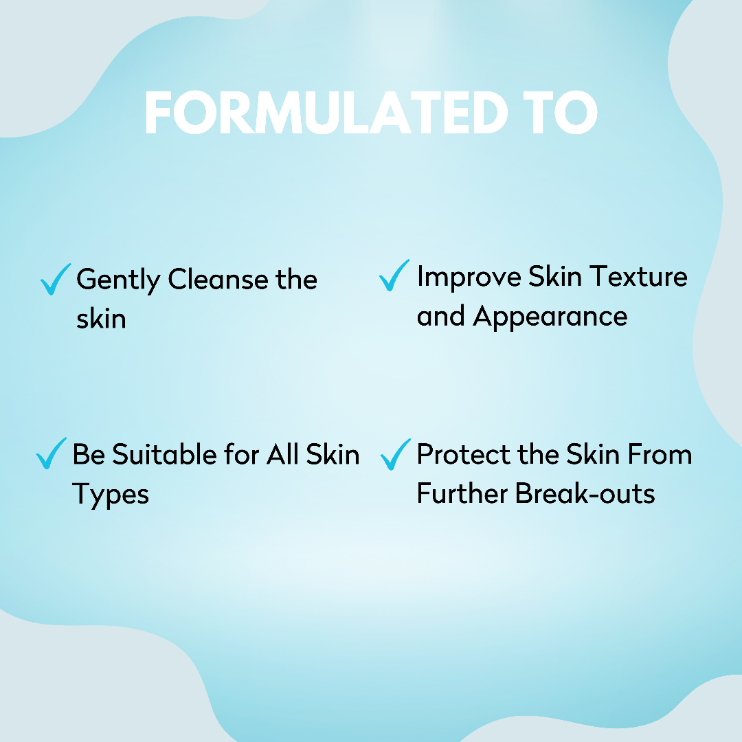 Text on a blue background describing product benefits for skin care.