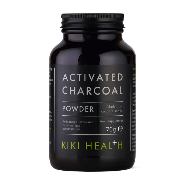 Black bottle of Kiki Health Activated Charcoal Powder on a white background