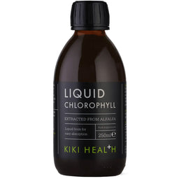 Black bottle of KIKI Health Liquid Chlorophyll on a white background