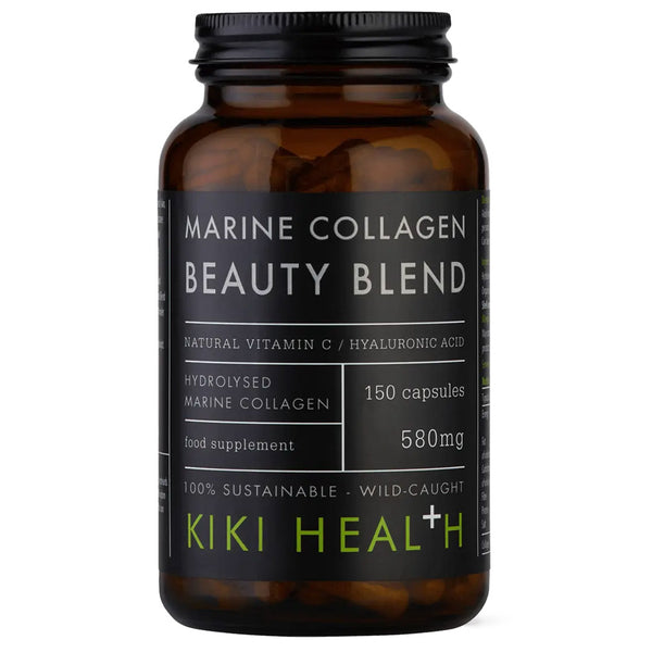 Brown supplement bottle labeled 'Marine Collagen Beauty Blend' by KIKI Health on a white background