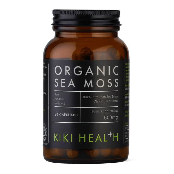 Bottle of Organic Sea Moss capsules by Kiki Health on a white background