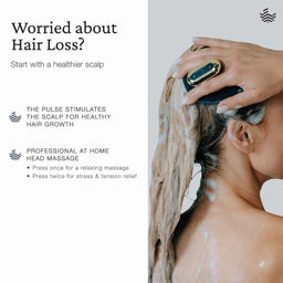 Promotional graphic for a scalp massage device. The left side features text reading 'Worried about Hair Loss?' and product benefits on a white background.
