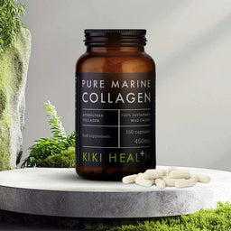 Bottle of Pure Marine Collagen supplement with KIKI HEAL+ on a natural background