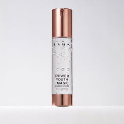 A bottle of Lyma Power Youth Mask (Mascarée Vraie) featuring a clear cylindrical body with visible liquid and bubbles, topped with a metallic rose gold cap and base, set against a clean white background.