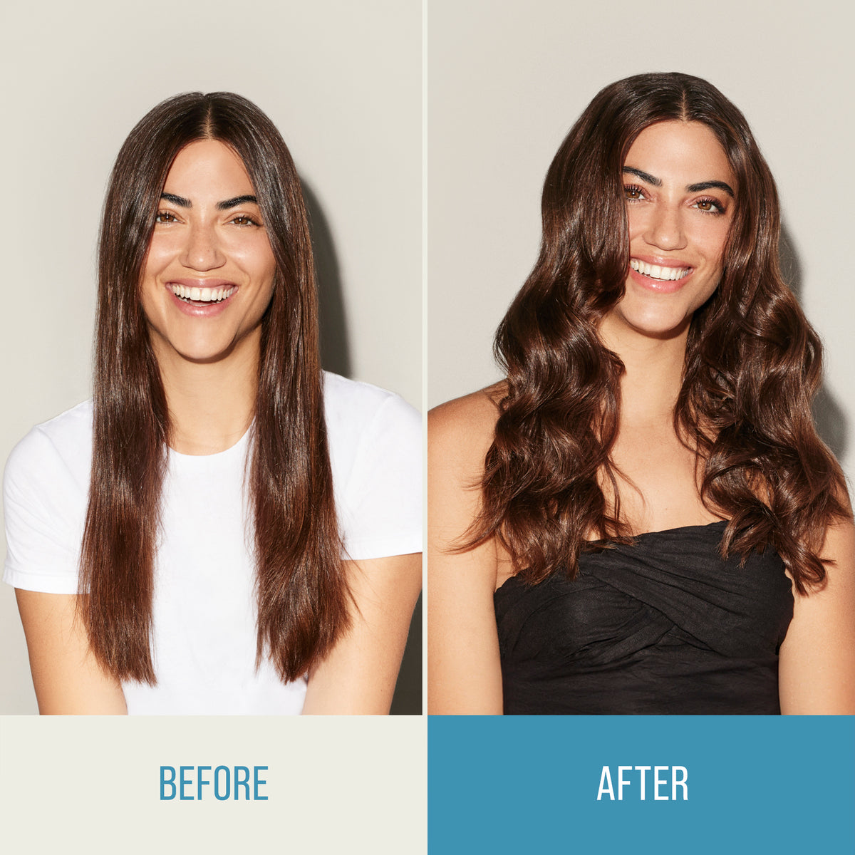 Before and after comparison of a woman with long straight hair styled into wavy hair.