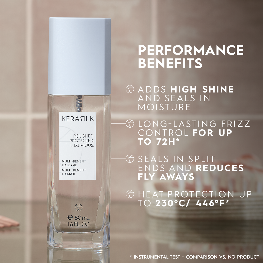 Kerastil hair oil bottle with performance benefits text on a blurred background