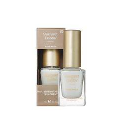 A bottle of Margaret Dabbs London Pure Nails nail strengthening treatment with a metallic gold cap, shown next to its matching gold and white cardboard packaging box on a plain white background.