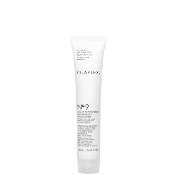 A white squeeze tube of Olaplex No. 9 Bond Protector Hair Serum on a solid white background.