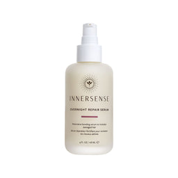A bottle of InnerSense Overnight Repair Serum with a white pump dispenser and a frosted off-white bottle, shown against a plain white background.