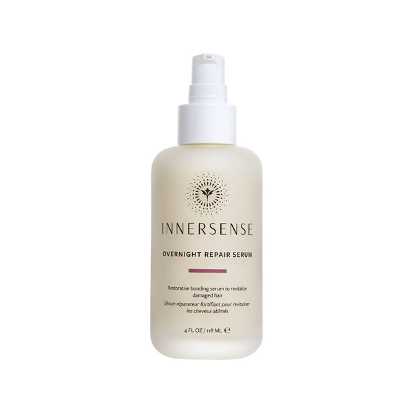 A bottle of InnerSense Overnight Repair Serum with a white pump dispenser and a frosted off-white bottle, shown against a plain white background.