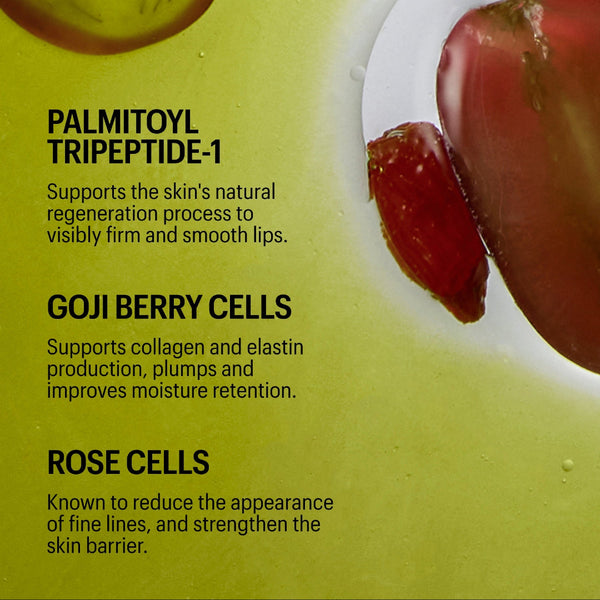 A close-up cosmetic ingredient graphic with text reading 'PALMITOYL TRIPEPTIDE-1', 'GOJI BERRY CELLS', and 'ROSE CELLS' on a yellow-green background with water droplets and fruit/seed imagery.