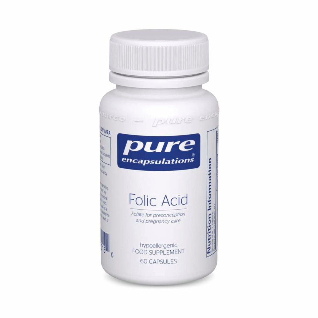 A white bottle of Pure Encapsulations Folic Acid dietary supplement, containing 60 capsules, shown on a clean white background.