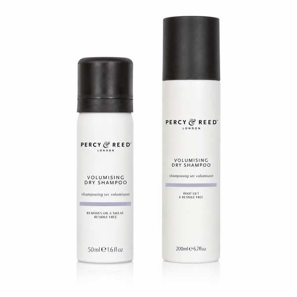 Percy Reed London Volumising Dry Shampoo shown in two white bottles with black caps on a clean white background.