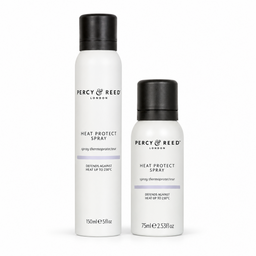 Two white aerosol cans of Percy Reed London Heat Protect Spray with black caps, shown on a clean white background. The taller can is 150ml and the shorter can is 75ml.