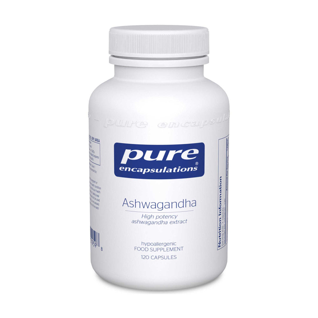 A white bottle of Pure Encapsulations Ashwagandha dietary supplement, containing 120 capsules, shown on a clean white background.