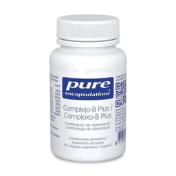 A white plastic bottle of Pure Encapsulations Complejo-B Plus / Complexo-B Plus dietary supplement with a white ribbed cap, shown on a plain white background.