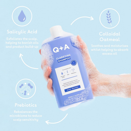 Q+A clarifying shampoo bottle held by a hand with product features highlighted on a light blue background